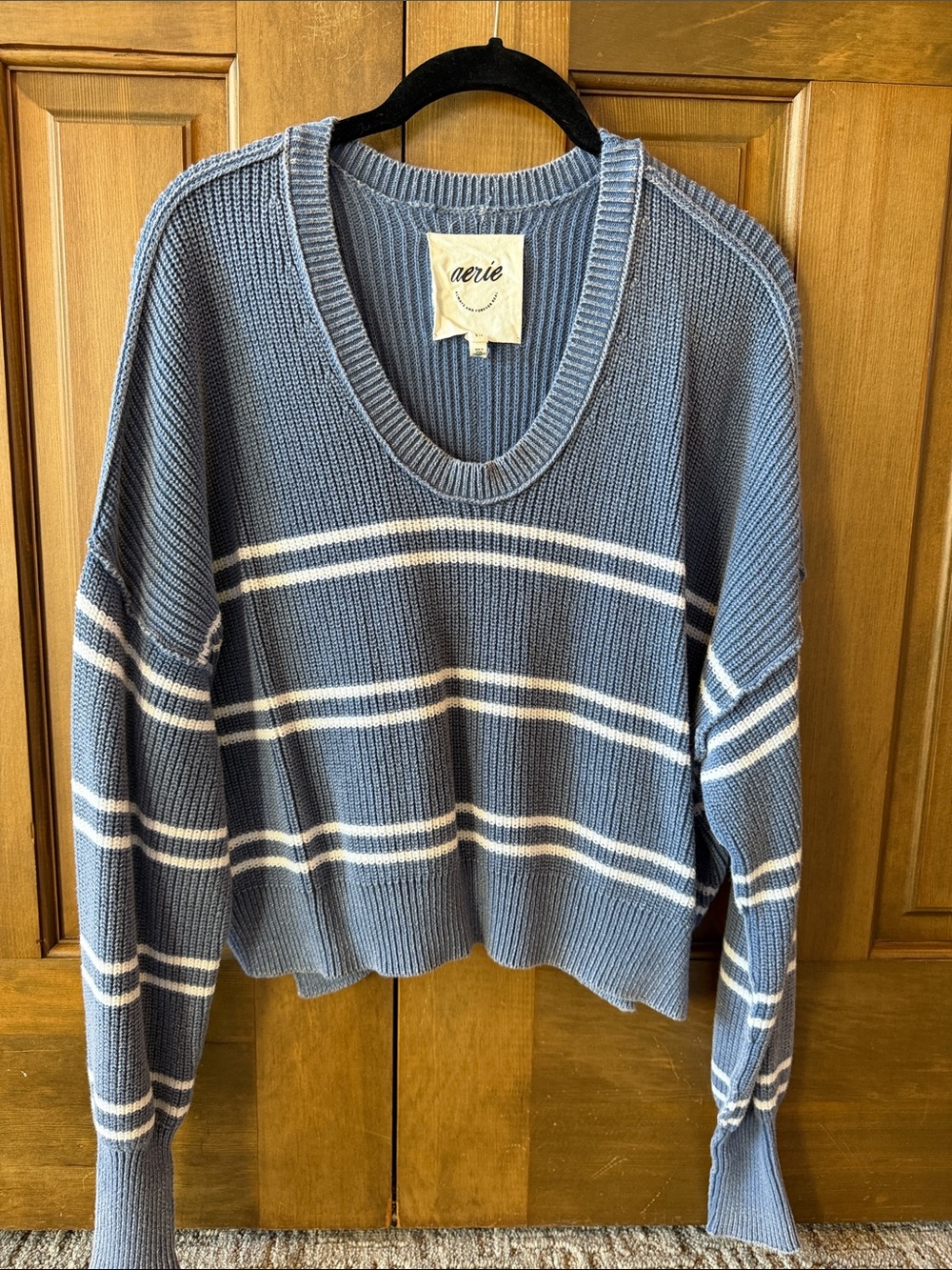 aerie Dusty Blue and White Striped V-Neck Sweater